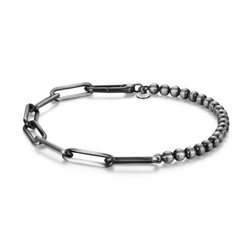 Additional view 2 of 8.5 inch Mens Brushed Gun Metal Sterling Silver Italian Half Paper Clip Chain / Half Bead Bracelet