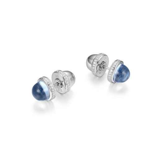 ELLE Jewelry - Pivot Rhodium-Plated Sterling Silver Lab-Created Blue Quartz Cabochon and Cubic Zirconia Stud Earrings