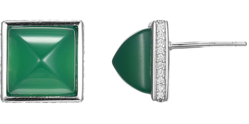 ELLE Jewelry - Rhodium-Plated Sterling Silver Genuine Green Agate and Cubic Zirconia Square Stud Earrings