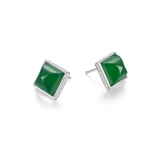 ELLE Jewelry - Rhodium-Plated Sterling Silver Genuine Green Agate and Cubic Zirconia Square Stud Earrings