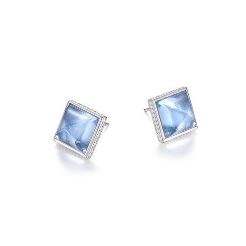 ELLE Jewelry - Pivot Rhodium-Plated Sterling Silver Lab-Created Blue Quartz and Cubic Zirconia Square Stud Earrings