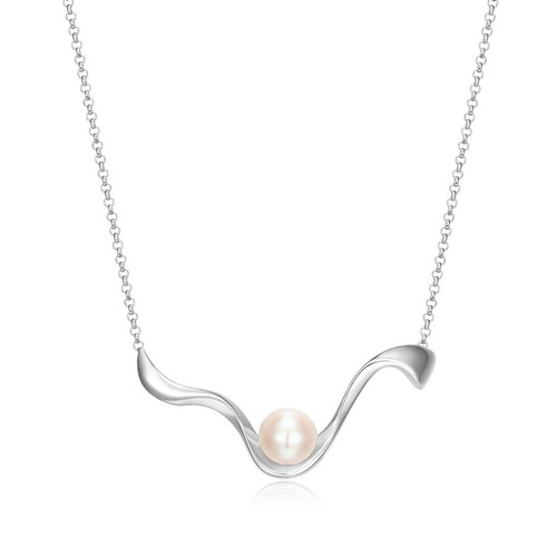 ELLE Jewelry - 17 inch+3 inch Rhodium-Plated Sterling Silver Dip Design Pendant Necklace with Cultured Freshwater Pearl