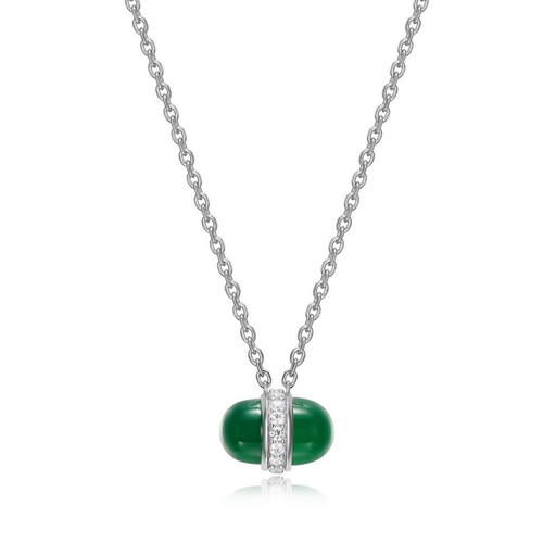 ELLE Jewelry - 16 inch+3 inch Rhodium-Plated Sterling Silver Pivot Necklace with Sideways Genuine Green Agate Cabochon and Cubic Zirconia