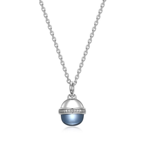 ELLE Jewelry - 16 inch+3 inch Rhodium-Plated Sterling Silver Pendant Necklace with Lab-Created Blue Quartz Cabochon and Cubic Zirconia Accents