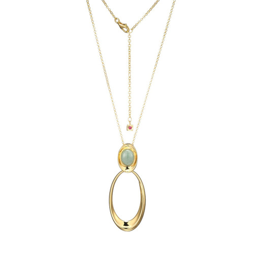 ELLE Jewelry - 28 inch+2 inch Gold-Plated Sterling Silver Rolo Chain Necklace with Simulated Jade Oval Pendant