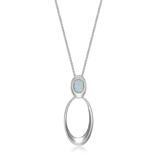 ELLE Jewelry - 28 inch+2 inch Rolo Chain Pendant Necklace with Lab-Created Opal in Rhodium-Plated Sterling Silver