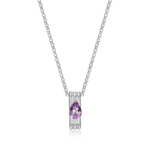 ELLE Jewelry - 17 inch+3 inch Rhodium-Plated Sterling Silver Necklace with Pear-Shaped Genuine African Amethyst