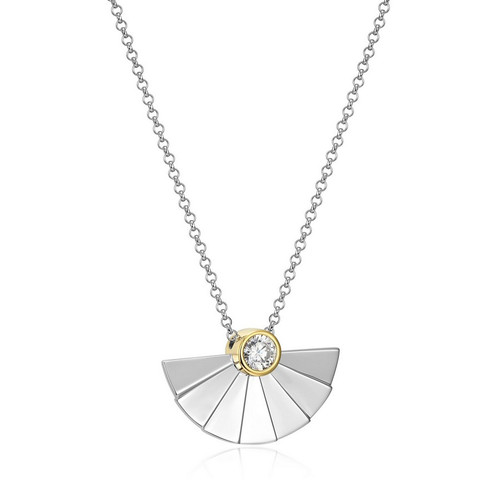 ELLE Jewelry - 17 inch+3 inch Rhodium-Plated and Yellow Gold-Plated Sterling Silver Necklace with Unique Fan Design Pendant with Sparkling Cubic Zirconia