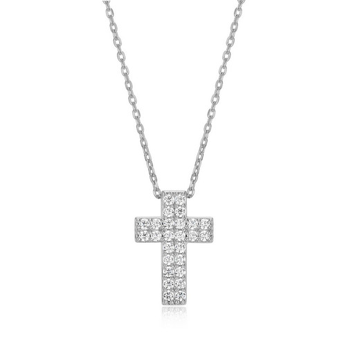 ELLE Jewelry - 17 inch+3 inch Rhodium-Plated Sterling Silver Cubic Zirconia Cross Pendant Diamond-Cut Cable Chain Necklace