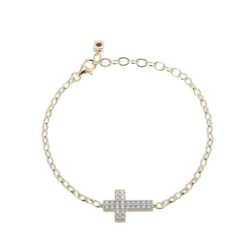 6.5"+1.5" Yellow Gold-Plated Sterling Silver Cross Bracelet with Cubic Zirconia by ELLE