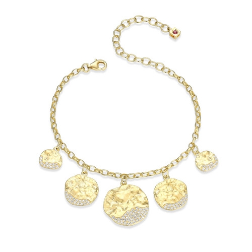 6.5"+2.5" Yellow Gold-Plated Sterling Silver Galaxy Disc Charm Bracelet with Cubic Zirconia by ELLE