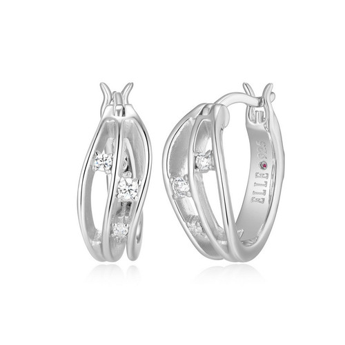 15mm Sterling Silver Matte-Finish Huggie Earrings with Floating CZ Waves by ELLE