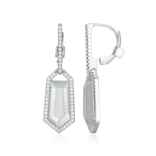 35mm Sterling Silver Leverback Drop Earrings with Mother of Pearl & White Crystal Doublet Framed in Sparkling CZ by ELLE