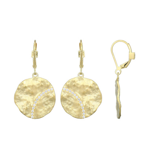 Galaxy Collection Hammered Disc Drop Earrings in Yellow Gold-Plated Sterling Silver with White Cubic Zirconia by ELLE