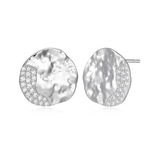 Hammered Sterling Silver Textured Modern Stud Earrings with CZ Pave Swirl by ELLE