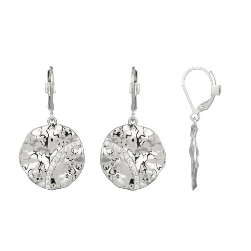 Rhodium-Plated Sterling Silver Textured Disc Leverback Dangle Earrings with White CZ Accent by ELLE