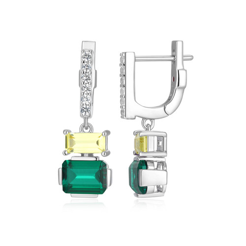 Sterling Silver Drop Earrings w/ Lab-Created Emerald, Lab-Created Yellow Sapphire & Lab-Created White Sapphire by ELLE