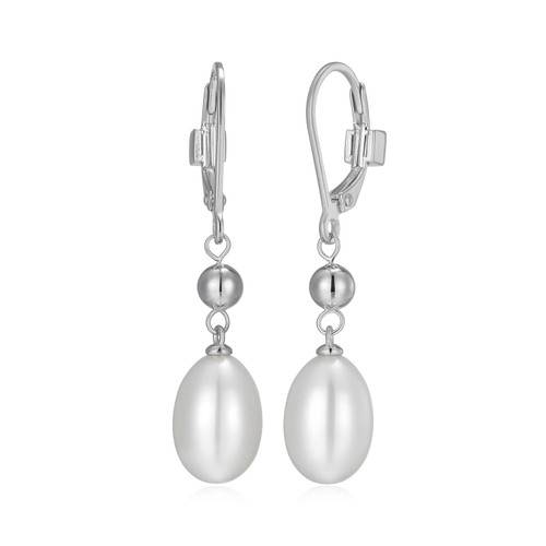 Sterling Silver Drop Earrings with Oval Cultured Freshwater Pearls by ELLE