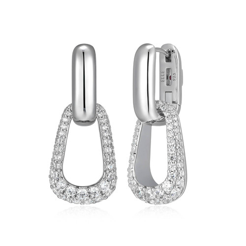 Sterling Silver Drop Link Earrings with Pave White CZ by ELLE