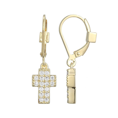Yellow Gold-Plated Sterling Silver Cross Drop Earrings with Cubic Zirconia by ELLE