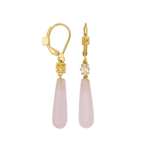 Yellow Gold-Plated Sterling Silver Pink Frosted Quartzite & White Topaz Drop Earrings by ELLE