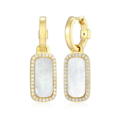 Yellow Gold-Plated Sterling Silver Rectangular Mother of Pearl & White CZ Halo Huggie Earrings by ELLE