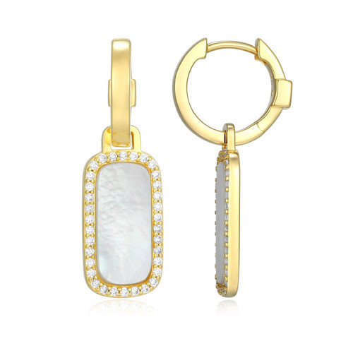 Yellow Gold-Plated Sterling Silver Rectangular Mother of Pearl & White CZ Halo Huggie Earrings by ELLE