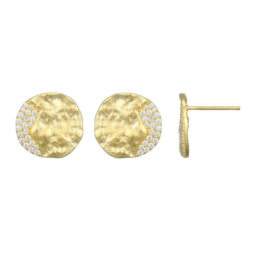 Yellow Gold-Plated Sterling Silver Textured Disc Stud Earrings with White Cubic Zirconia by ELLE