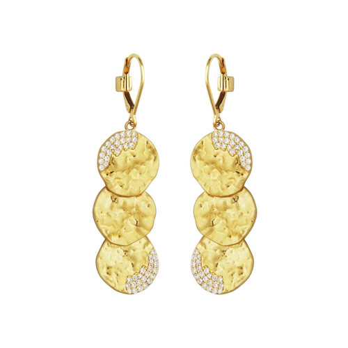 Yellow Gold-Plated Sterling Silver Triple Disc Drop Earrings with White CZ by ELLE