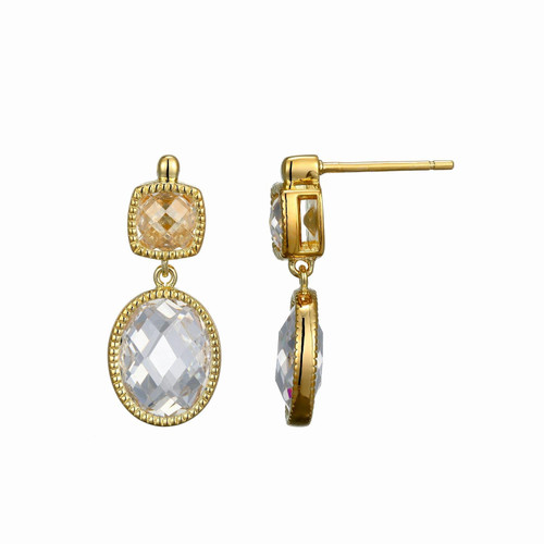 Yellow Gold-Plated Sterling Silver Two-Stone Drop Earrings with CZ by ELLE