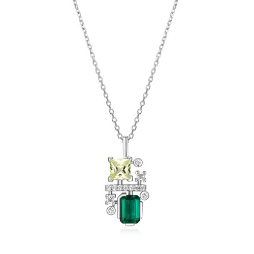 17 inch+2 inch Sterling Silver Necklace w/ Lab-Created Emerald, Lab-Created Yellow Sapphire & Lab-Created White Sapphire by ELLE