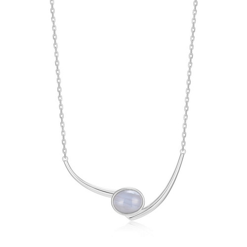 17 inch+3 inch Sterling Silver Blue Lace Agate Curved Bar Pendant Necklace by ELLE
