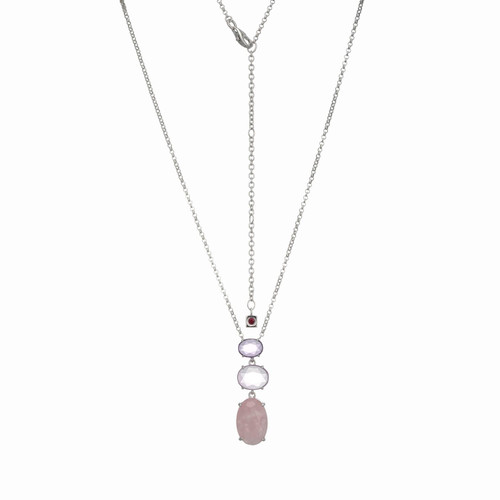 17"+3" Sterling Silver Vertical Pendant Necklace with Rose Quartz and Amethyst Trio by ELLE