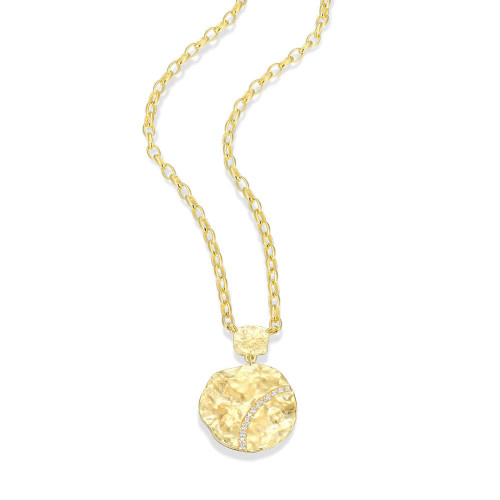 17 inch+3 inch Yellow Gold-Plated Sterling Silver Hammered Disc Necklace with White CZ by ELLE