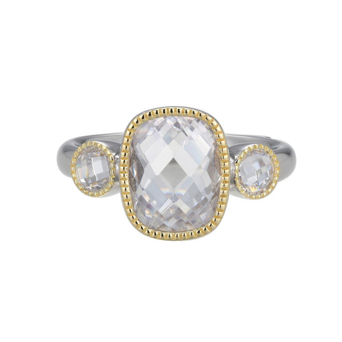 Rhodium and Yellow Gold-Plated Sterling Silver Cushion and Round Cubic Zirconia Three-Stone Ring by ELLE