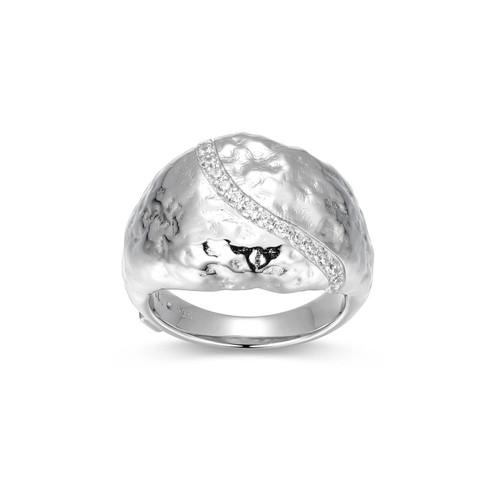 Rhodium-Plated Sterling Silver Hammered Dome Ring with Curved Pave Cubic Zirconia Accent by ELLE