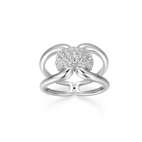 Rhodium-Plated Sterling Silver Open Crossover Ring with Domed Pave Cubic Zirconia Center by ELLE