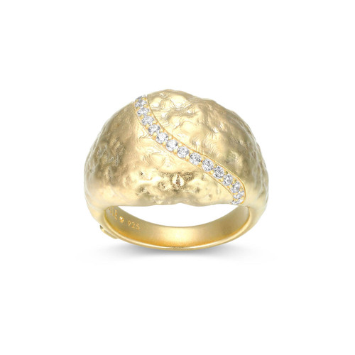 Gold-Plated Sterling Silver Hammered Dome Ring with Curved Pave Cubic Zirconia Accent by ELLE