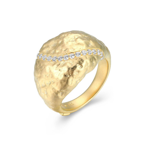 Gold-Plated Sterling Silver Hammered Dome Ring with Curved Pave Cubic Zirconia Accent by ELLE