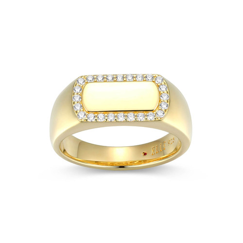 Gold-Plated Sterling Silver Rectangular White Enamel and CZ Framed Ring by ELLE