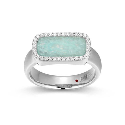 Rhodium-Plated Sterling Silver Amazonite and White CZ Rectangle Halo Ring by ELLE