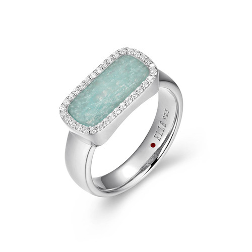 Rhodium-Plated Sterling Silver Amazonite and White CZ Rectangle Halo Ring by ELLE