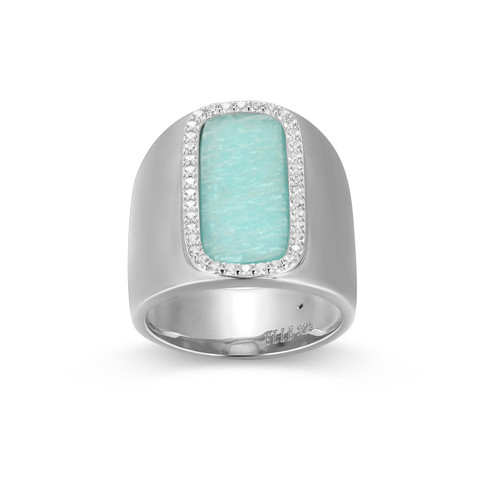 Rhodium-Plated Sterling Silver Wide Band Ring with Vertical Amazonite Inlay and White CZ Halo by ELLE
