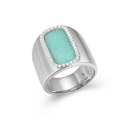 Rhodium-Plated Sterling Silver Wide Band Ring with Vertical Amazonite Inlay and White CZ Halo by ELLE
