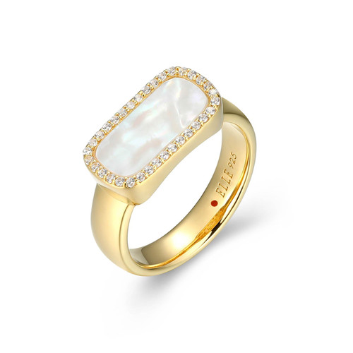 Gold-Plated Sterling Silver Ring with Rectangular White Mother of Pearl Inlay and White CZ Halo by ELLE