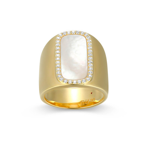 Gold-Plated Sterling Silver Wide Band Ring with Elongated Mother of Pearl Inlay and White CZ Halo by ELLE