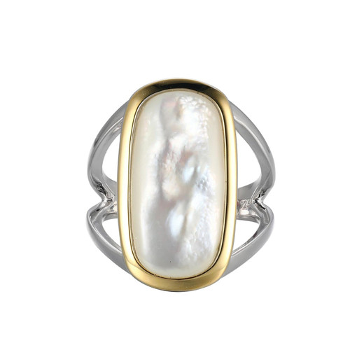 Rhodium- and Gold-Plated Sterling Silver Split Shank Ring with Elongated White Mother of Pearl Inlay by ELLE