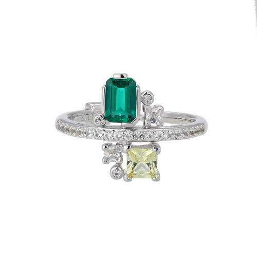 Rhodium-Plated Sterling Silver Ring with Lab-Created Emerald, Lab-Created Yellow Sapphire and Lab-Created White Sapphire by ELLE