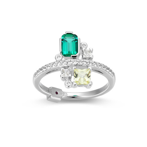 Rhodium-Plated Sterling Silver Ring with Lab-Created Emerald, Lab-Created Yellow Sapphire and Lab-Created White Sapphire by ELLE
