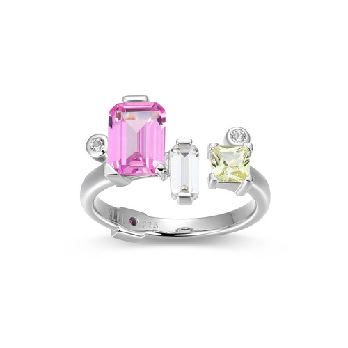 Rhodium-Plated Sterling Silver Ring with Lab-Created Pink Sapphire, Lab-Created Yellow Sapphire and Lab-Created White Sapphire by ELLE